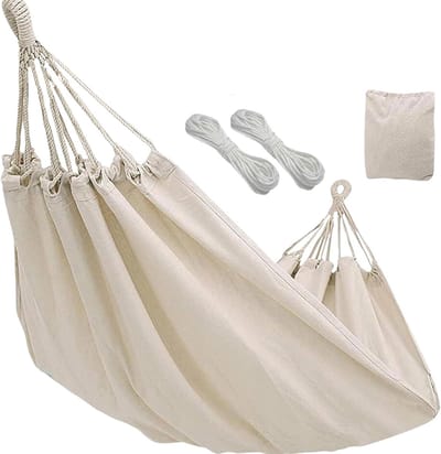 Premium hangmat, wit, 100 x 200 cm, inclusief touwen en robuuste karabijnhaken, draagkracht 200 kg, ideaal voor tuin, terras, camping en meer