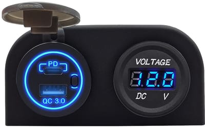 ProRide 12V USB/USB C Stopcontact 2 Poorten Opbouw met Schakelaar - QC3.0 - Tweevoudig opbouw met Voltmeter - Blauw