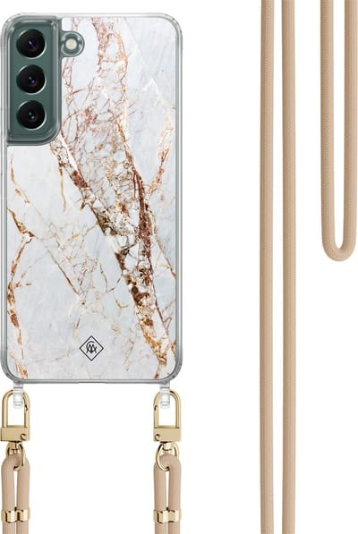 Casimoda® hoesje met koord - Geschikt voor Samsung S22 - Marmer Goud - Afneembaar koord - TPU/polycarbonaat - Goudkleurig
