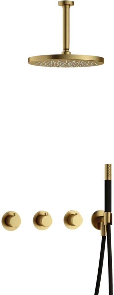 Hotbath Cobber - CB7067 - Inbouw Regendoucheset - Geborsteld Messing PVD - 2 Stopkranen - Thermostatisch - Plafondbuis 15 cm - Hoofddouche 300 mm - Staafhanddouche - met M106 - Waterbesparend