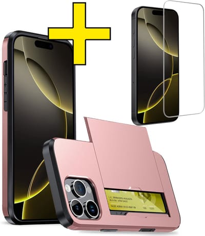 Hoesje Geschikt voor iPhone 16 Pro Hoesje Case Pashouder Hard Cover Met Screenprotector - Hoes Geschikt voor iPhone 16 Pro Hoesje Met Kaarthouder - Rosé goud