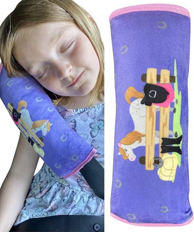 HECKBO auto slaapkussen voor kinderen - machine wasbaar - zacht autogordelkussen, gordelbeschermer, gordelkussen, autokussen, reiskussen, vakantie - 30x12cm (Boerderij)