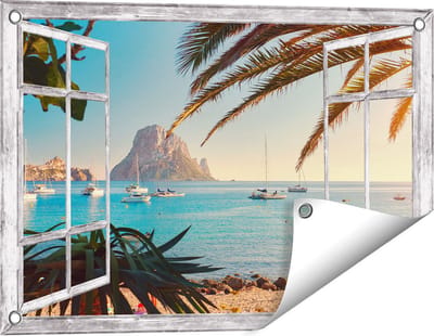 Gards Tuinposter Doorkijk Ibiza Cala d'Hort Strand - 60x40 cm - Tuindoek - Tuindecoratie - Wanddecoratie buiten - Tuinschilderij