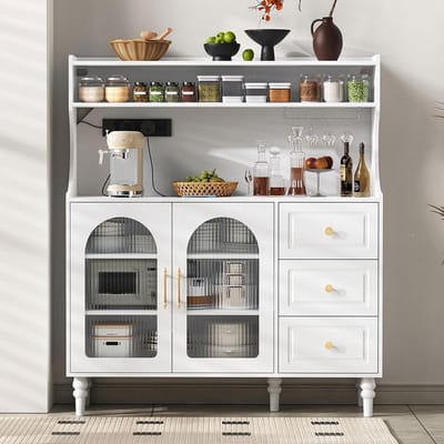 BLACKCOLORS Hoge kast met stopcontacten en lades, barkast met wijnrek en opbergruimte, keukenkast met verstelbare planken, ideaal voor de keuken en eetkamer (wit)