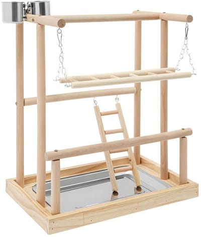 Speelstandaard – Voor huisdierenpapegaaien – Houten zitstokken, ladder en voerbakjes – Lichtbruin, duurzaam hout