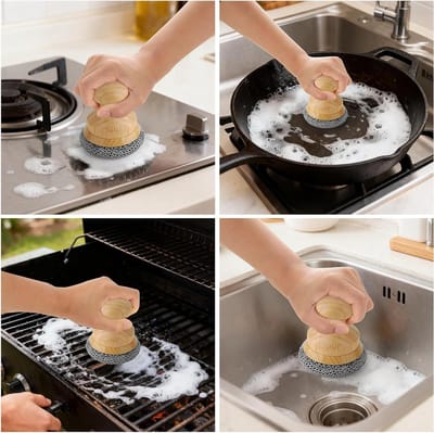 Kastijzeren Pan Schoonmaakborstel met 2 Schrapers en Ketting, Ideaal voor Dishes, Pannen, Bakplaten en Grillaccessoires