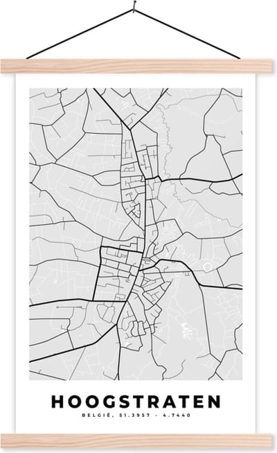 Posterhanger incl. Poster 40x60 cm - Schoolplaat - Stadskaart – Plattegrond – België – Zwart Wit – Hoogstraten – Kaart - Textielposter - Blanke latten - Stadskaart