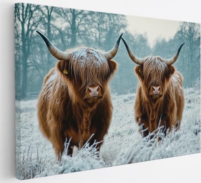 Saammp - Canvas Schilderij - 2 Schotse Hooglander Koeien - Dieren - Landschap - 30x20 - Foto op canvas - Wanddecoratie - muurdecoratie Woonkamer - Slaapkamer decoratie - Canvas Print