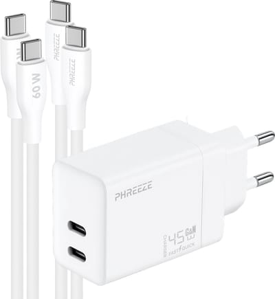 Phreeze 45 W usb C oplader - Dual port GaN charger - Inclusief 2 usb C naar usb C kabels 1m voor telefoon en tablet