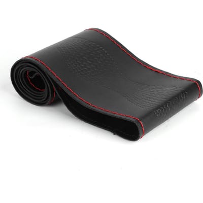 Couvre-volant en cuir 38cm 15in Universel DIY Embossage Kit Aiguilles&Fil Intérieur de voiture noir/rouge