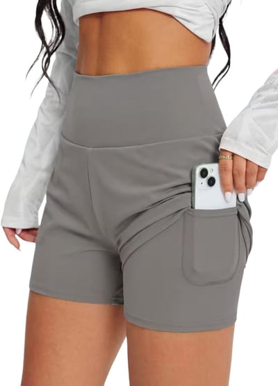 SparkNine Breeze dames short - sportshort - met telefoonzak - dubbellaags met binnenshort - XL - grijs - fitness - hoge taille - ademend & sneldrogend