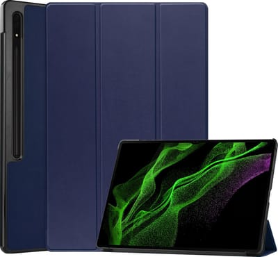 Hoesje Geschikt voor Samsung Galaxy Tab S10 Ultra Hoes Case Tablet Hoesje Tri-fold Met Uitsparing Geschikt voor S Pen - Hoes Geschikt voor Samsung Tab S10 Ultra Hoesje Hard Cover Bookcase Hoes - Donkerblauw