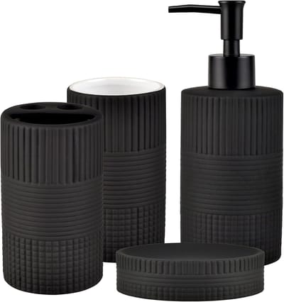 SnelShoppen - Matt Zwart Badkameraccessoireset 4-delig Wafelkeramisch - Tandenborstelhouder, Zeepdispenser, Zeepkom, Tandenbeker - Elegante Badkamerde
