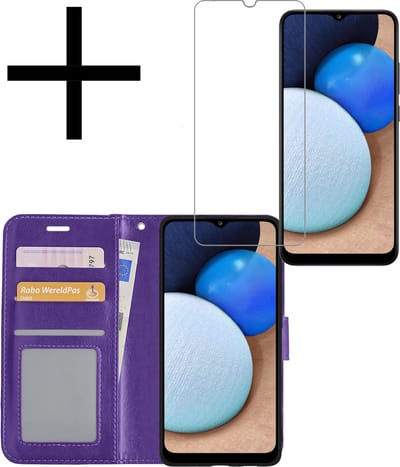Hoesje - Met Screenprotector - Geschikt voor Samsung Galaxy A02s - Luxe Pasjeshouder - Bookcase Portemonee - Flip Case - Kunstleer Book Case - Flipcase - Book Cover - Walletcase - Portemonneehoes - Paars