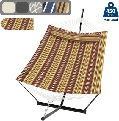 Hangmat Met Standaard - Schommelbed Binnen en Buiten - Afneembaar Kussen - 200kg Draagvermogen - Balans Touw - Voor Tuin Balkon Terras - Rood-gele Strepen