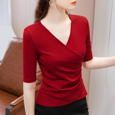 T-shirt noir à manches moyennes pour femmes, été nouveau pour femmes, col V croisé, manches courtes en coton, top taille M red