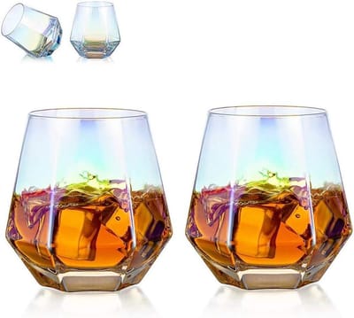 Set van 2 Diamantvormige Whiskey Glazen - Moderne Tumbler voor Water, Sap en Scotch - 300ml Bar Accessoires voor Bourbon en Rum
