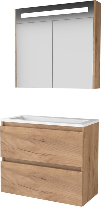 Basic Premium 39 badmeubelset met spiegelkast met geïntegreerde LED verlichting, greeploze wastafelonderkast met 2 lades en acryl wastafel met 1