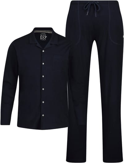 JP 1880 - Heren - Pyjama homewear OEKO-TEX tweedelig T-shirt met lange mouwen - Navy blauw - Maat 4XL