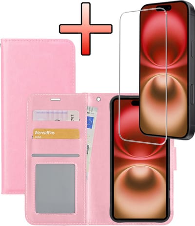 Hoesje - Met Screenprotector - Geschikt voor Apple iPhone 16 - Luxe Pasjeshouder - Bookcase Portemonee - Flip Case - Kunstleer Book Case - Flipcase - Book Cover - Walletcase - Portemonneehoes - Lichtroze