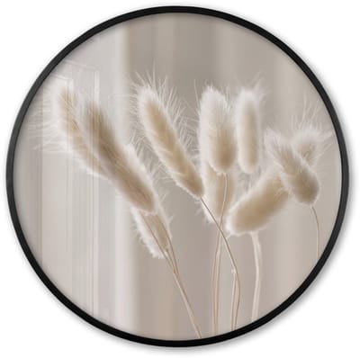 Poster in lijst Rond - Fotolijst 60x60 cm - Posters - Pampasgras - Pluim - Wit - Ronde posterlijst zwart - Decoratie - Wanddecoratie woonkamer - Muurdecoratie slaapkamer