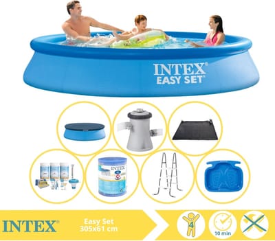 Intex Rond Opblaasbaar Easy Set Zwembad - 305 x 61 cm - Blauw - Inclusief Pomp - Afdekzeil - Onderhoudspakket - Filter - Solar Mat - Ladder - Voetenbad - 8-delig
