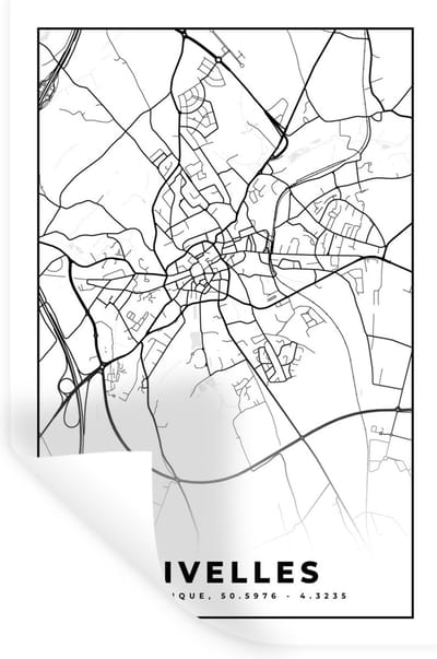 Muurstickers - Sticker Folie - België – Nivelles – Stadskaart – Kaart – Zwart Wit – Plattegrond - 20x30 cm - Plakfolie - Muurstickers Kinderkamer - Zelfklevend Behang - Zelfklevend behangpapier - Stickerfolie