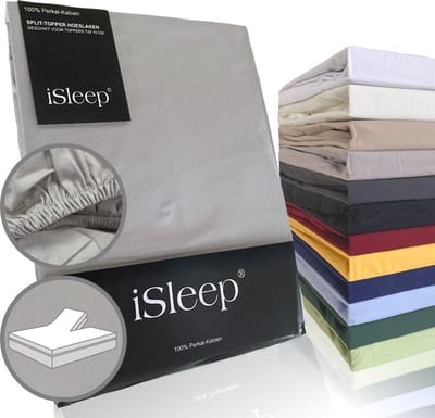iSleep Perkal Split-Topper Hoeslaken - 100% Perkal Katoen - Rondom Elastiek - Tweepersoons - 160x200 cm - Zilver