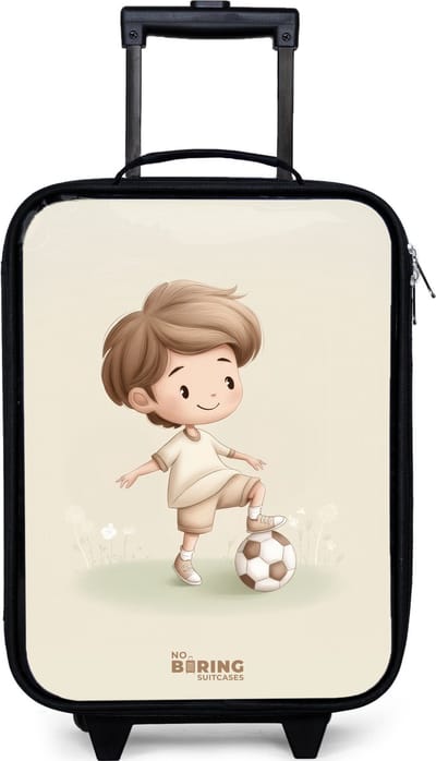 NoBoringSuitcases.com® - Kinderkoffer jongen - Kindertrolley meisje - Jongen met een voetbal in bruine tinten - Koffer kind lichtgewicht - Reiskoffer trolley voor kinderen - Koffertje met lichtgevende wieltjes - Rolkoffer zwart