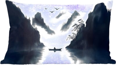Sierkussens - Kussentjes Woonkamer - 60x40 cm - Roeiboot - Mistig - Bergen - Vogels