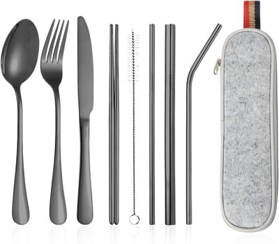 9-delig RVS Bestekset voor Kamperen en Reizen met Tas - Ideaal voor Picknicks, Outdoor Activiteiten en Avonturen