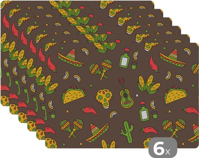 Placemat - Placemats kunststof - Patroon - Mexico - Sombrero - 45x30 cm - 6 stuks - Hittebestendig - Anti-Slip - Onderlegger - Afneembaar