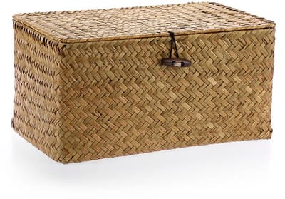 Mandje, zeegras, opbergen, vierkant, voor op tafel, geweven, met deksel, voor de badkamer, organizer, voor op de plank of het bureau, decoratief, multifunctioneel (karamel, M)