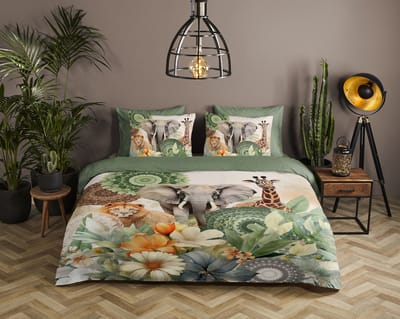 HIP dekbedovertrek mandalas, bloemen & safari dieren - 1 persoons 140x200/220 cm - Groen - 100% Katoen satijn