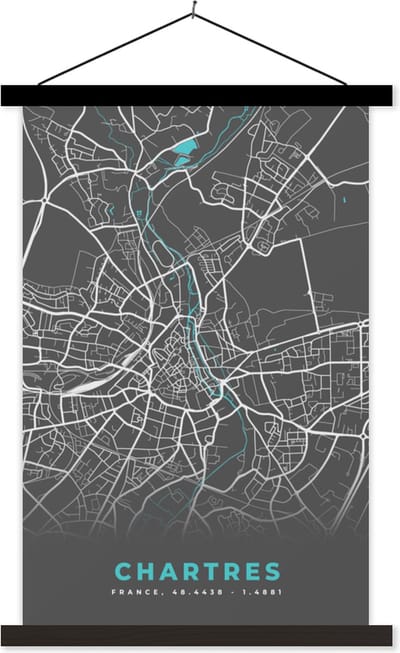 Posterhanger incl. Poster 40x60 cm - Schoolplaat - Chartres - Plattegrond - Kaart - Stadskaart - Frankrijk - Textielposter - Zwarte latten - Stadskaart
