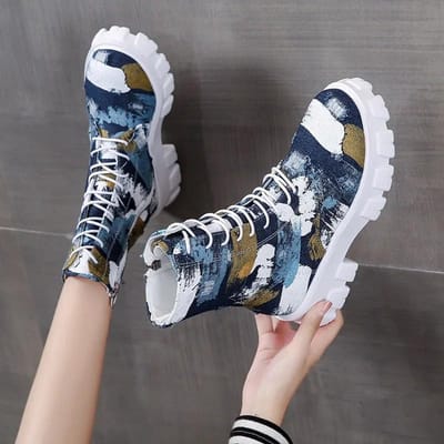 Nieuwe Denim Dames Laarzen Dames Blokhak Platform Ronde Neus Schoenen Denim Enkel Dames Laarzen Jeans Casual Veterschoenen 38 donkerblauwe kleur