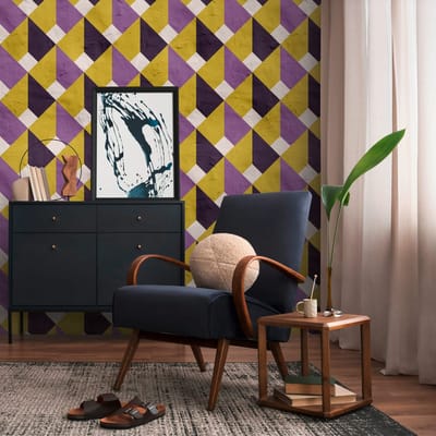 Fotobehang Profhome 398491-GU vliesbehang hardvinyl warmdruk in reliëf glad in retro stijl mat purper geel wit 1,59 m x 2,8 m