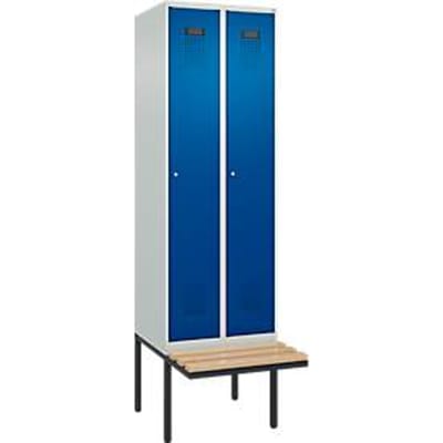 C+P Evolo Plus garderobekast, 2 vakken van elk 300 mm breed, zwevende bank, B 600 x D 815 x H 2120 mm, cilinder, lichtgrijs/gentiaanblauw