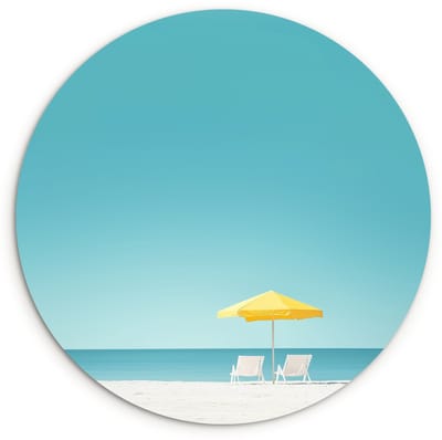 WallCircle® Wandcirkel 120x120 cm - Muurcirkel Strand - Blauwe lucht - Geel - Parasol - Muurdecoratie woonkamer - Wanddecoratie slaapkamer - Kamer decoratie accessoires - Ronde schilderijen XXL