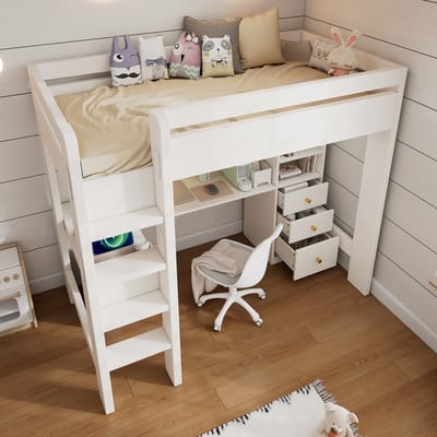 DESMIU Hoogslaper 90x200 cm – Met Hoekbureau en Laadpunt – Met Planken en Laden – Voor Jeugdkamer en Studiehoek – Hout – Wit – Zonder Matras