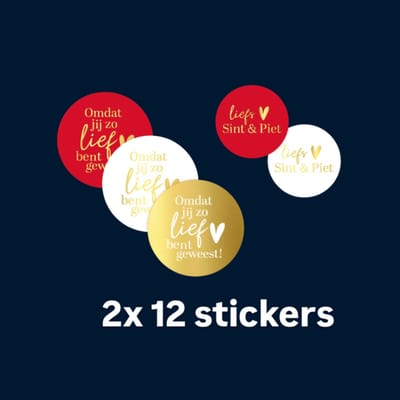 24x Sluitstickers -Liefs sint en piet- omdat jij lief bent geweest - 4cm - staf- goudfolie - sluitzegel