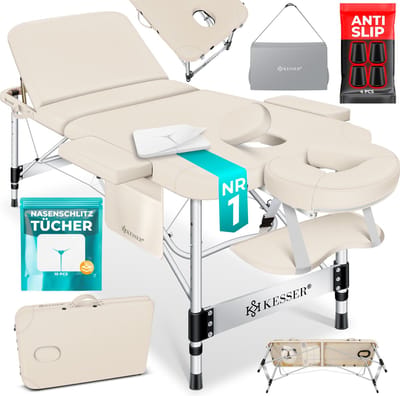 KESSER® Massagetafel inklapbaar 180x61x90cm | Behandeltafel 225kg Draagvermogen & In Hoogte Verstelbaar | Mobiele Massagebank 3-Zone | Aluminium Massagebed met Hoofdsteunen Armsteunen & opbergtas - Beige