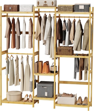 unho Bamboe Kastsysteem - Kledingrek - Groot vrijstaand kledingrek - Kledingrek voor hangende kleding met opbergplanken en ophangstangen - Open Kledingkast Organisatie - 177 x 41.5 x 196cm