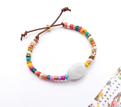 Jeannette-Creatief® - Beach - Armband Colormix Big Rock - Leren Armband met Grote Acrylkraal en Miyuki Rocailles