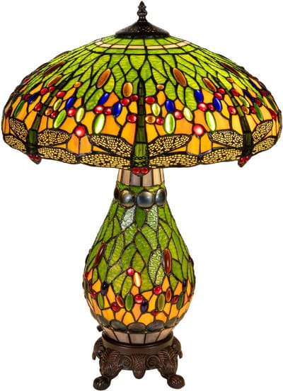 Tiffany tafellamp Libelle - Groen-geel - Ø 45 cm - Glas in lood - Warm licht - Verlichte voet - Dragonfly | RORUVERA