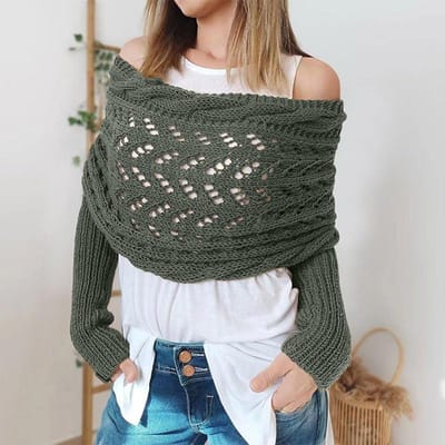 Gevlochten Ontwerp Mouwige Wrap Met Mouwen Effen Kleur Holle Twist Haakpatroon Dames Sjaal Sjaal Boheemse Stijl Trui Sjaal black