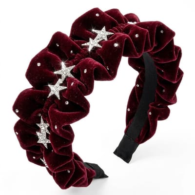 Bordeaux rode fluwelen haarband dames met gerimpeld design en zilverkleurige ster versiering – elegante haar accessoire met subtiele strass details voor feestelijke en dagelijkse looks
