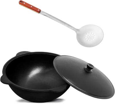 Gietijzeren Wok Pan 8 Liter met Aluminium Deksel en Schuimspaan