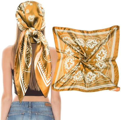 Allecto - Vierkante Satijnen Hoofd Sjaals - Grote Zachte Sjaal - 90 x 90 cm - Modieuze Print - Geschikt voor Dames - Navy/Camel