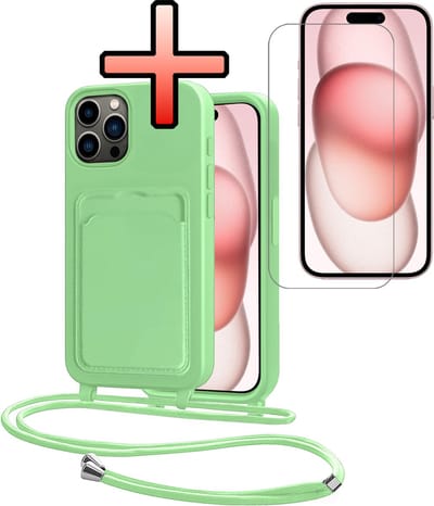 Hoes Geschikt voor iPhone 14 Pro Max Hoesje Pasjeshouder Cover Met Koord Case Siliconen Hoes Met Telefoonkoord en Kaarthouder Met Screenprotector - Groen